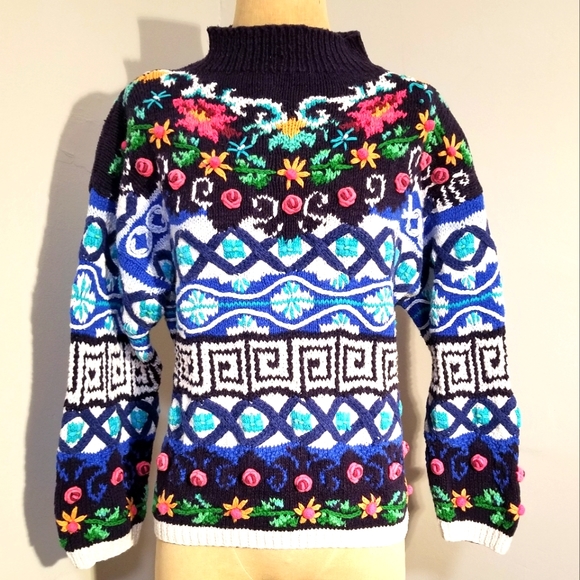 VINTAGE HAND KNIT SWEATER JENNIFER REED CHUNKY 90S SIZE M 🌺 FLORAL GEOMETRIC 3D - Picture 1 of 11